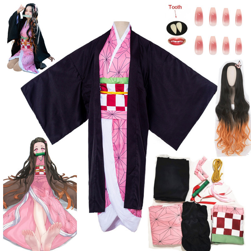 Cartoon Clothing Kamado Nezuko Cosplay Costume Anime Demon Slayers Kimono Kimetsu No Yaiba Kamado Nezuko Costume Wig Uniform Hallween Women Kids 23050