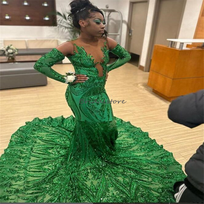 Sequin Green Prom Dress With Train 2023 Faster Delivery Extra Mermaid Black Girls Birthday Dresses Evening Wear Korean Glitter Formal Occasion Birthda