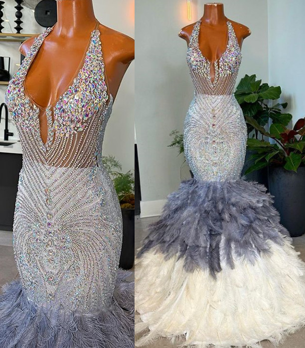 May Aso Ebi Sier Mermaid Prom Feather Crystals Beaded Evening Formal Party Second Reception Birthday Engagement Gowns Dress Robe De Soiree ZJ Lz0304