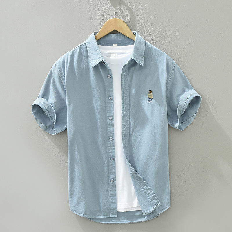 Men's Casual Shirts Green Short Sleeve Shirts for Men Casual Turn-down Collar Tops Man Summer New Fashion Cartoon Pattern Embroidery Clothing 230