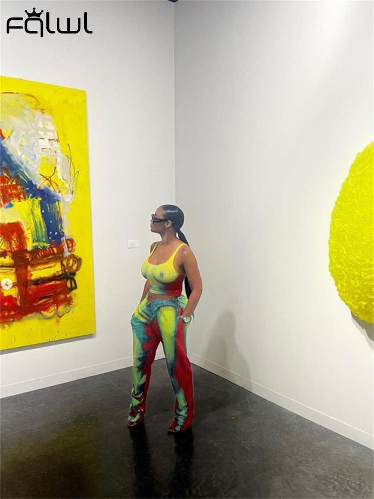 Women s T Shirt FQLWL Streetwear 2 Two Piece Sets Tracksuit Women rave Outfits Sleeveless Crop Tops Pants Print Tie Dye Matching 2023 230504