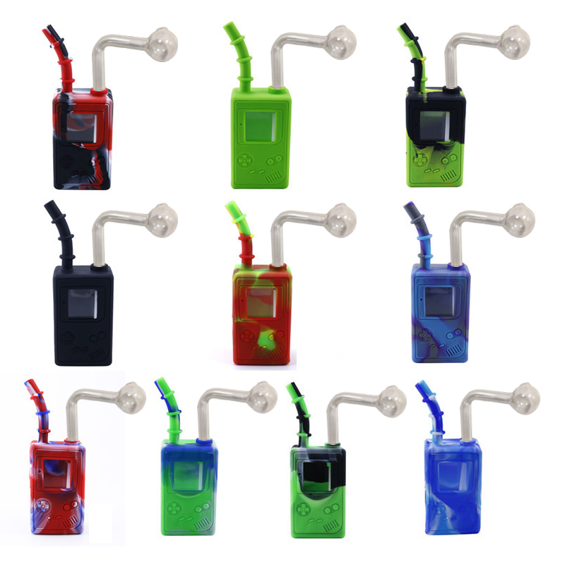 7.3'' Silicone Glass Smoking Oil Burner Bubbler Hookahs Bongs Pipes Game Player Style with Bowl Slide or Burners Banger Nail Attachment Retails 1pcs