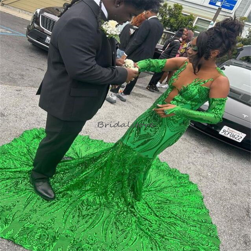 Sequin Green Prom Dress With Train 2023 Faster Delivery Extra Mermaid Black Girls Birthday Dresses Evening Wear Korean Glitter Formal Occasion Birthda
