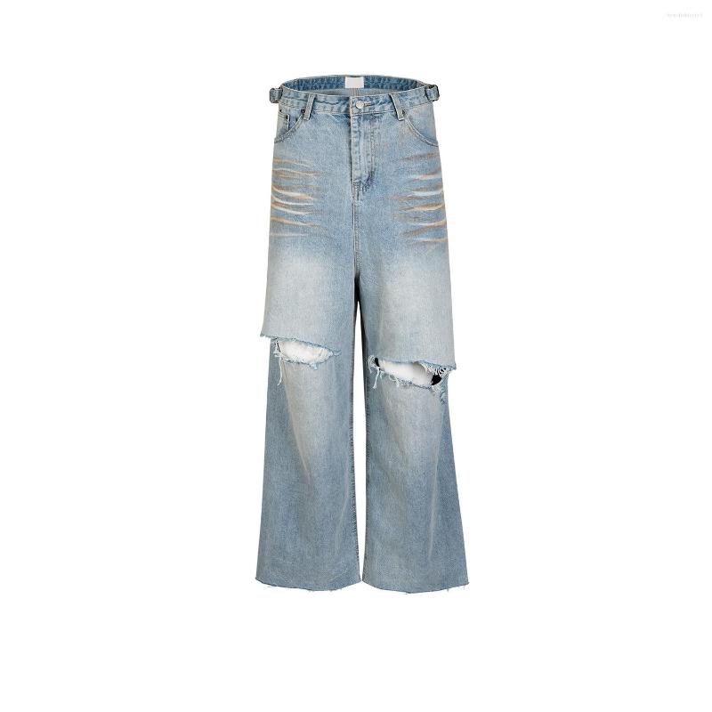 Men's Jeans Firmranch 2023 Blue Baggy For Men Women Big Hole Ripped Mopping Flared Denim Pants Streetwear Oversize Version Trousers