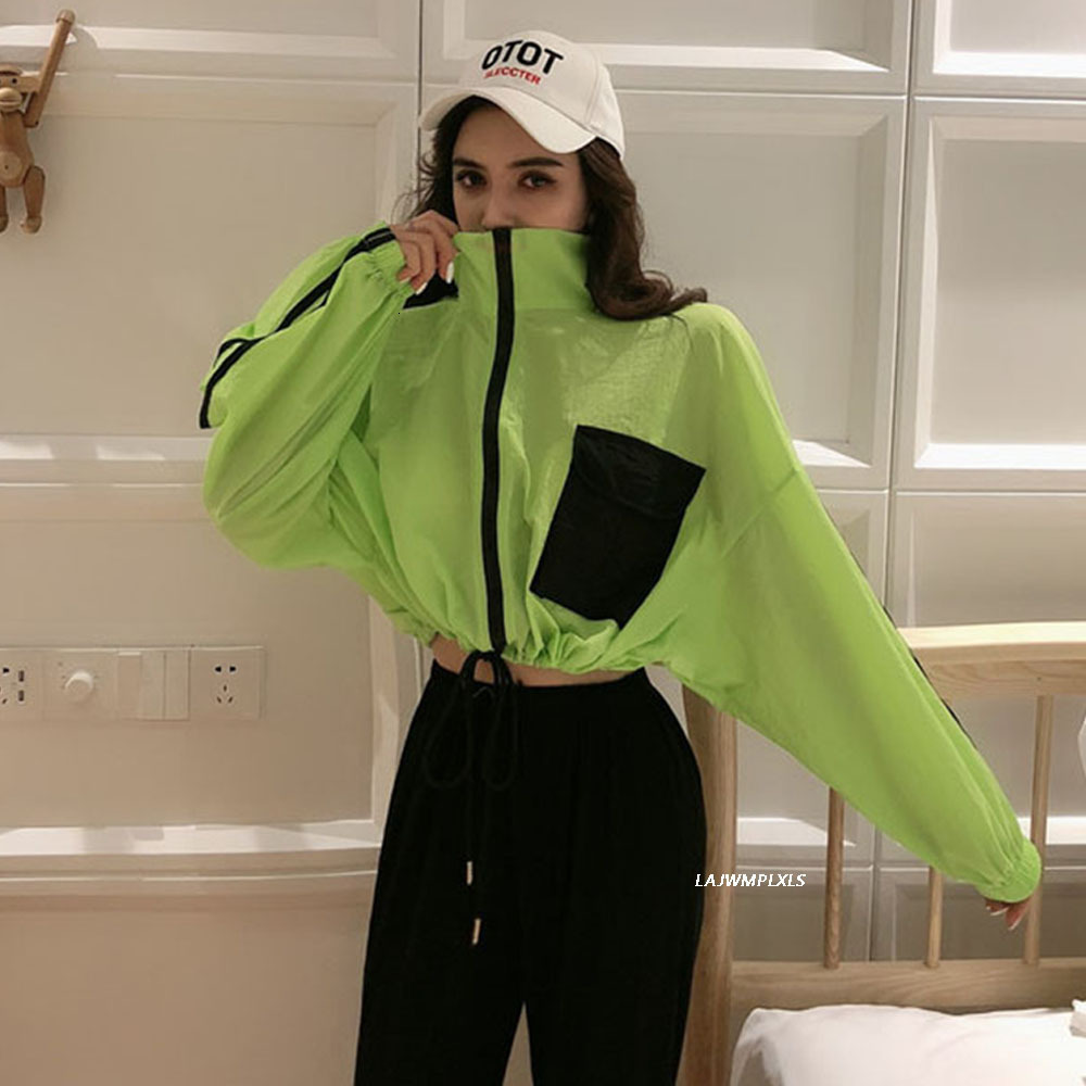 Women's Jackets Spring Summer Women Casual Loose Pocket Color Contrast Batwing Sleeve Drawstring Zipper Short Coat Jacket 230505