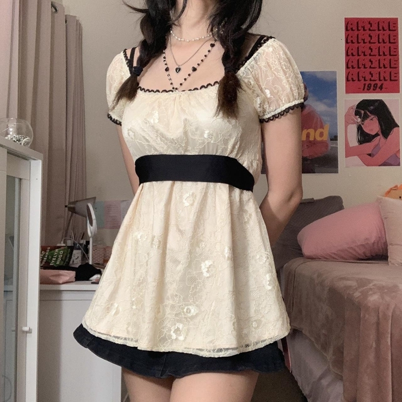 Casual Dresses Sweet Girl Kawaii Lace Mini Dress Y2K Fairycore Grunge Patchwork Short Sleeve A-line Dress Women Vintage Holiday Streetwear 230505