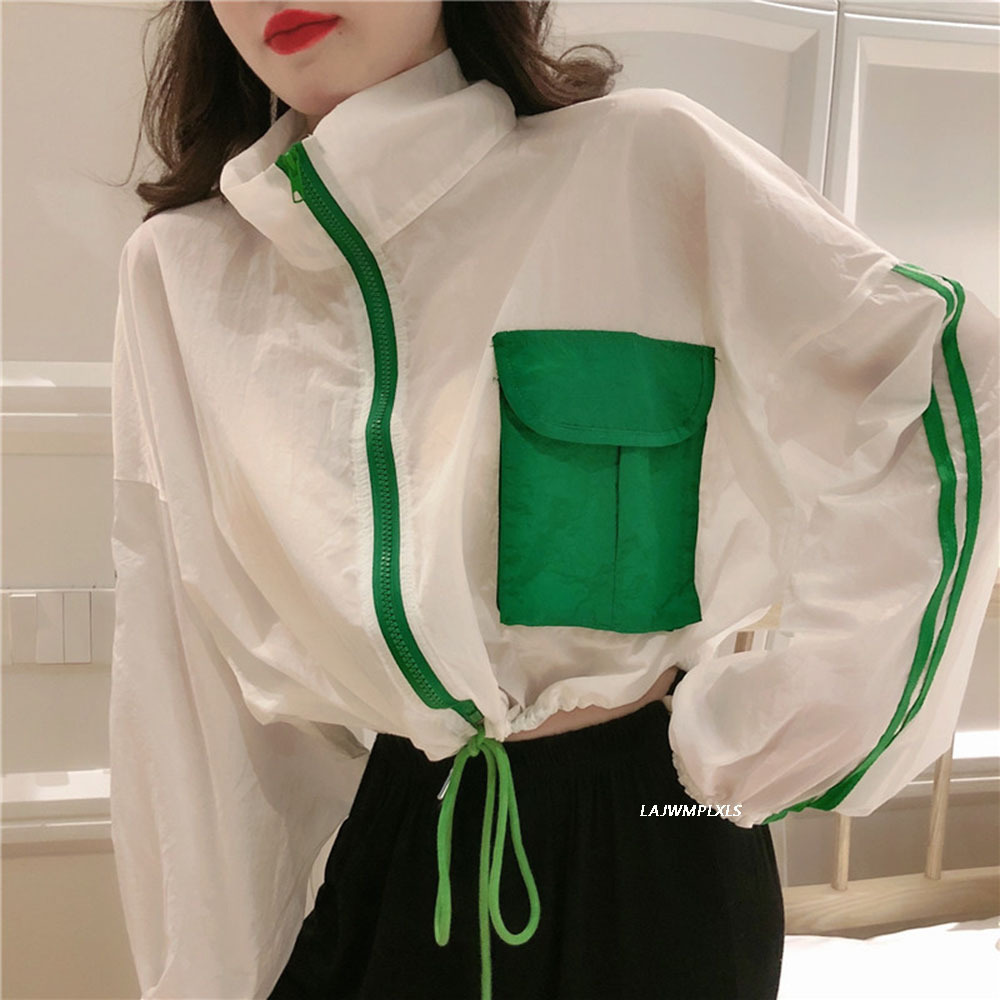 Women's Jackets Spring Summer Women Casual Loose Pocket Color Contrast Batwing Sleeve Drawstring Zipper Short Coat Jacket 230505