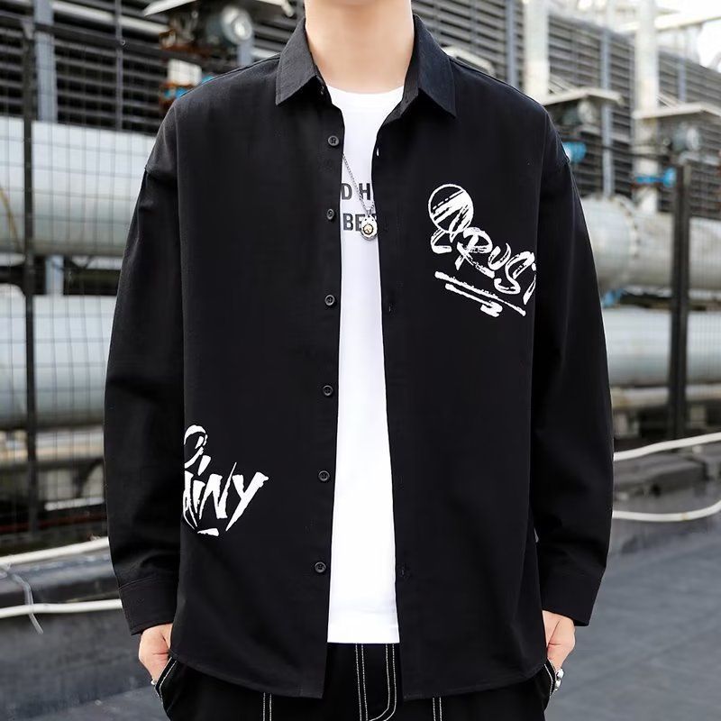 Men's Casual Shirts Autumn Winter Letter Print Loose Casual Blouse Man Long Sleeve Y2K Korean Style Male Shirt Vintage Gentmen Streetwear Clothes