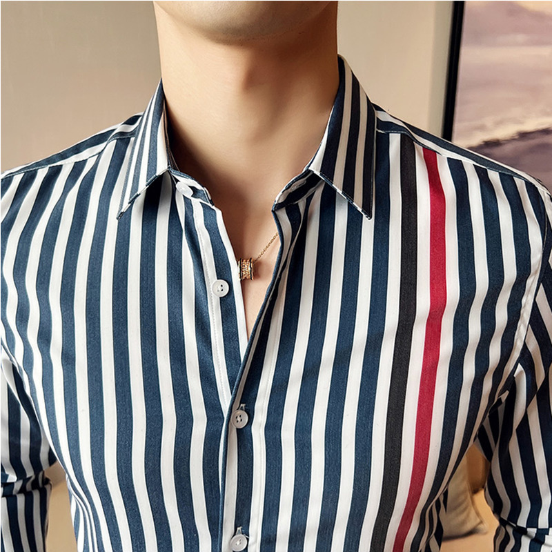 Men's Casual Shirts British Style Long Sleeved Striped Shirt Mens New Slim Fit Casual Dress Shirt Streetwear Social Party Clothing Plus Size 4XL-