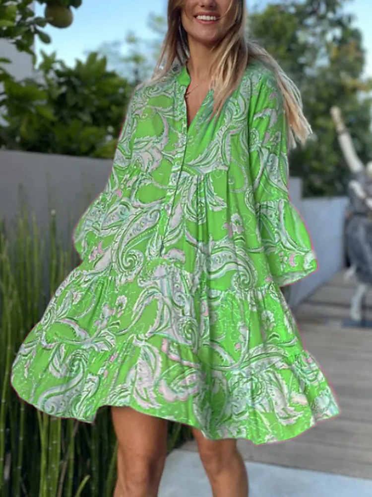 Casual Dresses Summer Green Beach Dress for Women Flare Sleeve V Neck Floral Print Dresses A Line Bohemian Birthday Dress for Women Sexy 230505