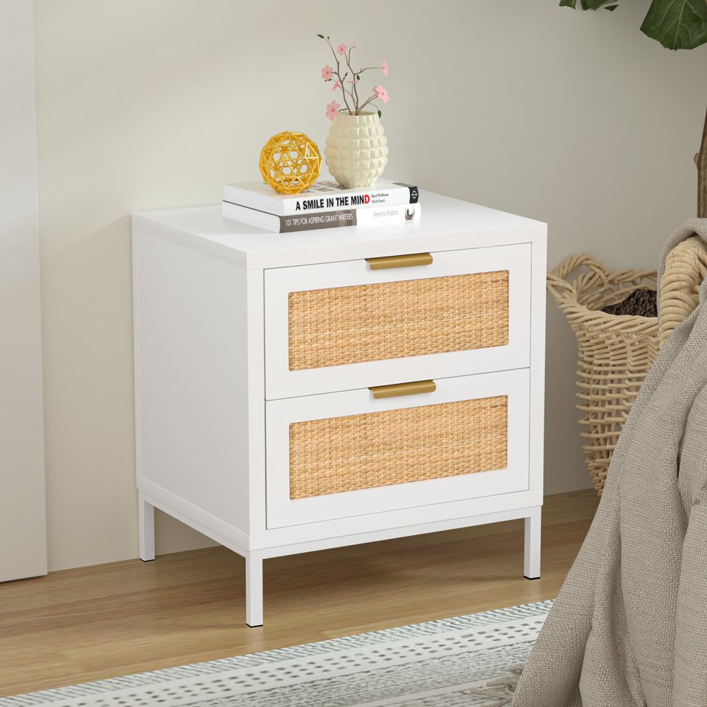 

Rattan 2 Drawer Nightstand, White Wood Storage Cabinet for Bedroom Livingroom Rectangular Sofa Side Table Bedside Furniture,H0011