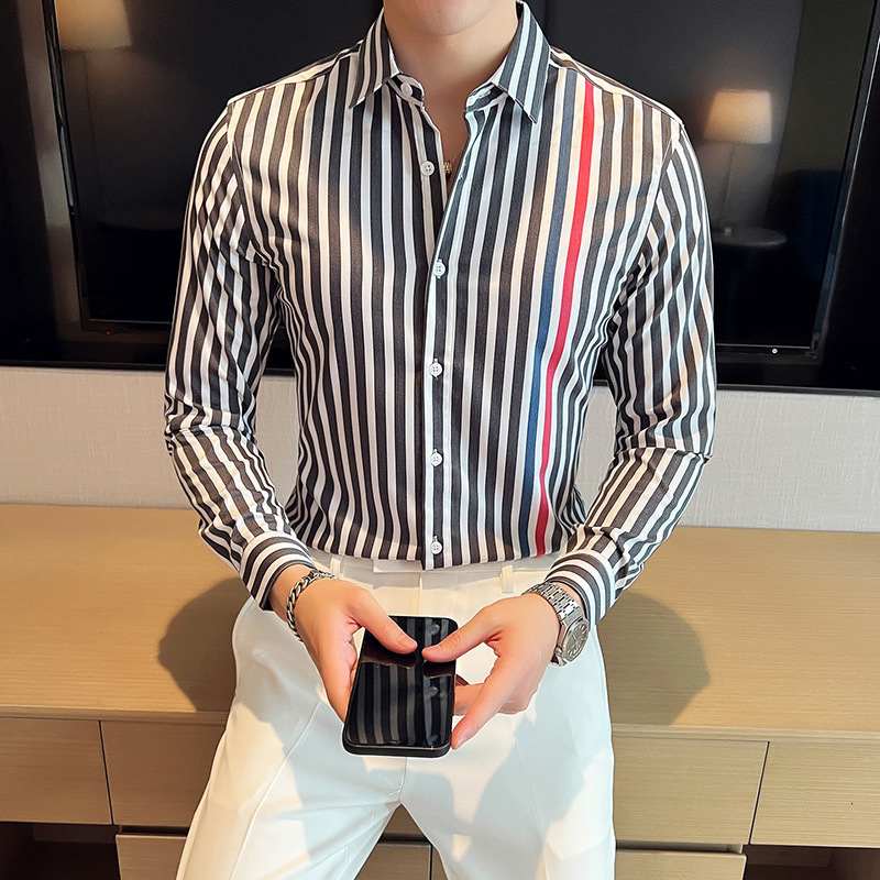 Men's Casual Shirts British Style Long Sleeved Striped Shirt Mens New Slim Fit Casual Dress Shirt Streetwear Social Party Clothing Plus Size 4XL-