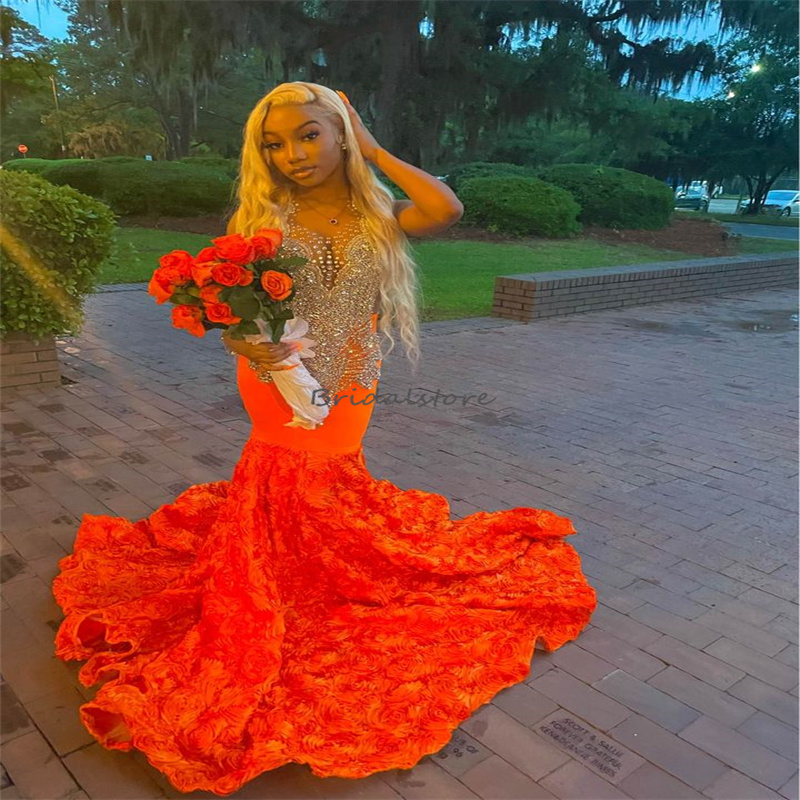 Luxury Orange Mermaid Prom Dress Black Girls With Crystal Embellishment Florals Evening Gowns Extra Rhinestone Tight Formal Birthday Party Vestidos De