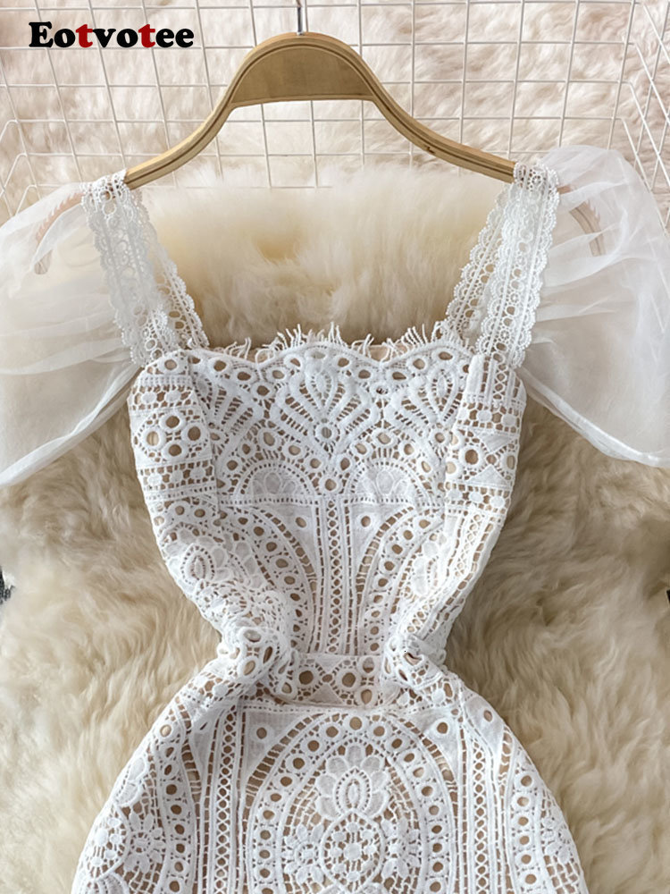 Casual Dresses Eotvotee White Lace Dresses for Women Summer New Puff Sleeve Square Collar Back Zipper Hollow Out A Line Evening Midi Dress 230505