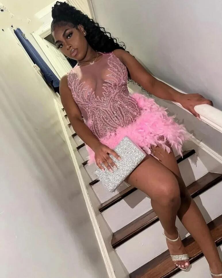Vestidos De Graduacion Pink Feathers evening Dresses For Black Girls Sequin Luxury Fitted Birthday Party prom Cocktail Gowns