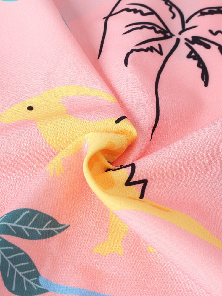 Men's Casual Shirts Short Sleeve Hawaiian Shirt Men's Hanbok Harajuku Funny Wind Dinosaur Print Pink Shirt Men's Clothing Top 230505