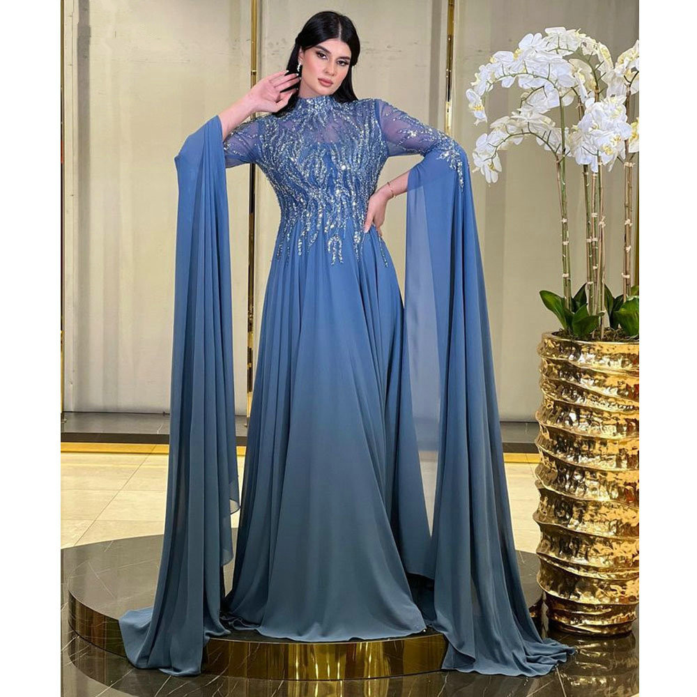 Dubai High Neck Sequined Beading Evening Dresses with long sleeve cape 2023 Saudi Arabic prom occasion reception gown Ramadan