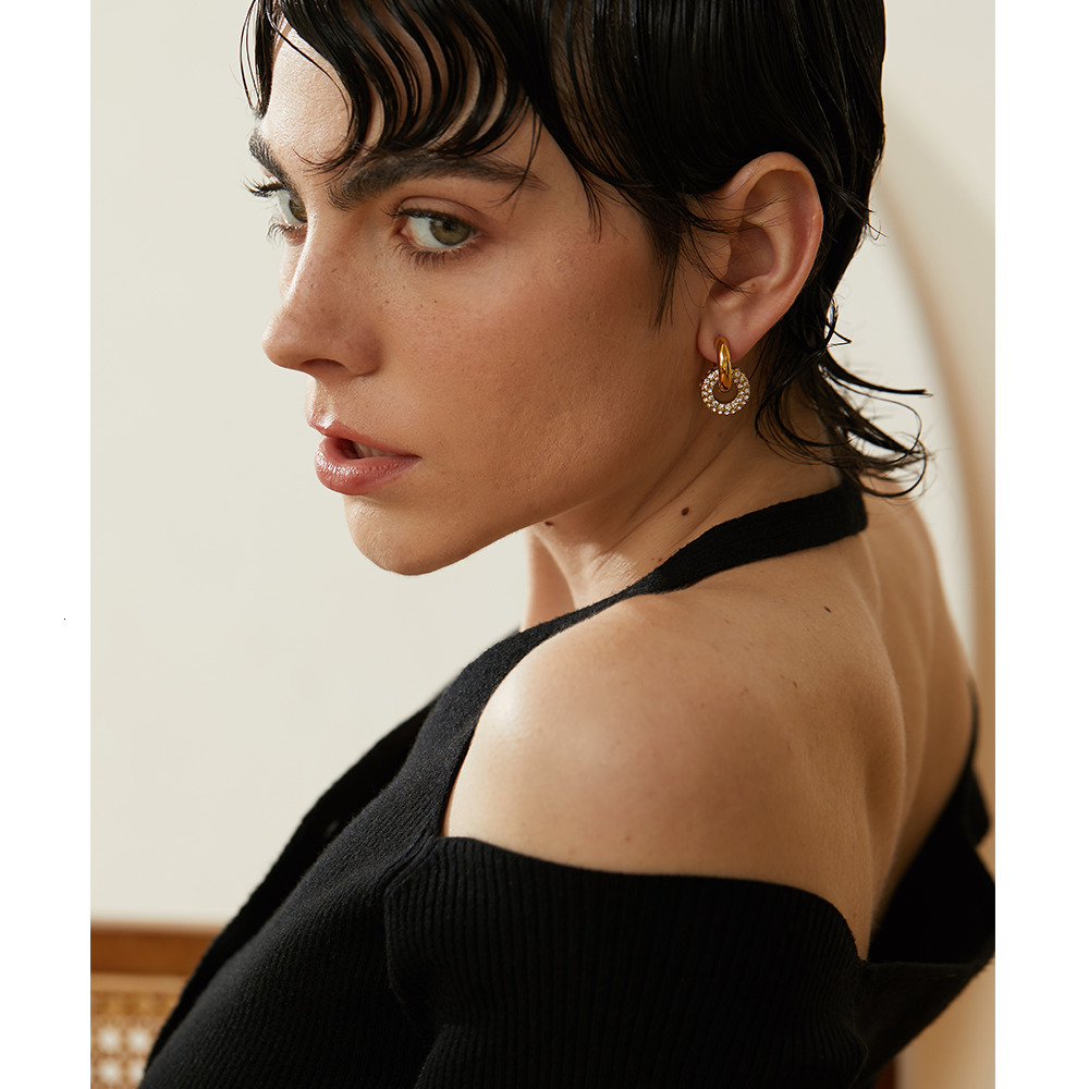 Shiny Cubic Zirconia Round Stainless Steel Hoop Hie Earrings, Gold-Plated Delicate Charm Jewelry Gift for Women 4