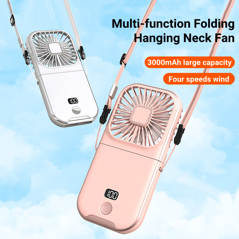 Handheld Fan Foldable Hanging Neck Fan Small Fan with Phone Stand Power Bank Function USB Charging 3000mAh Cooling Fan Digital display For Home Office