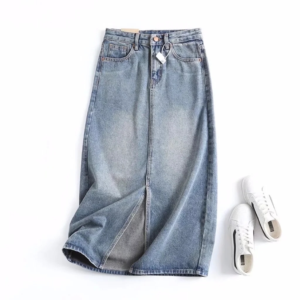 Skirts Dave Di England Style High Street Retro Washed Blue High Waist A-line Denim Skirt Women Forking Midi Skirt 230506
