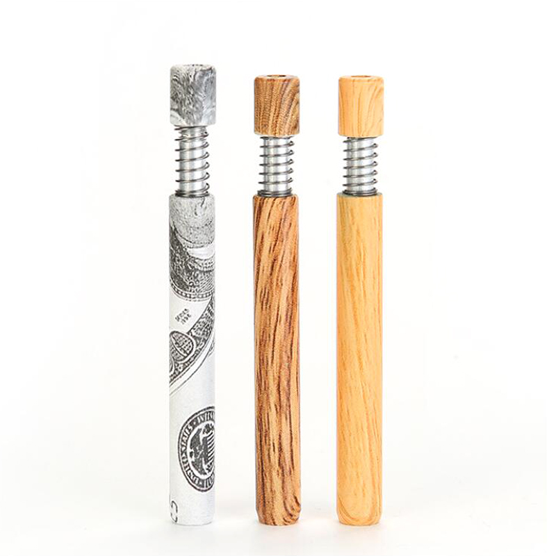 Wooden Grain Metal Pipe Press Spring Straight Pipe Household Smoking Accessories