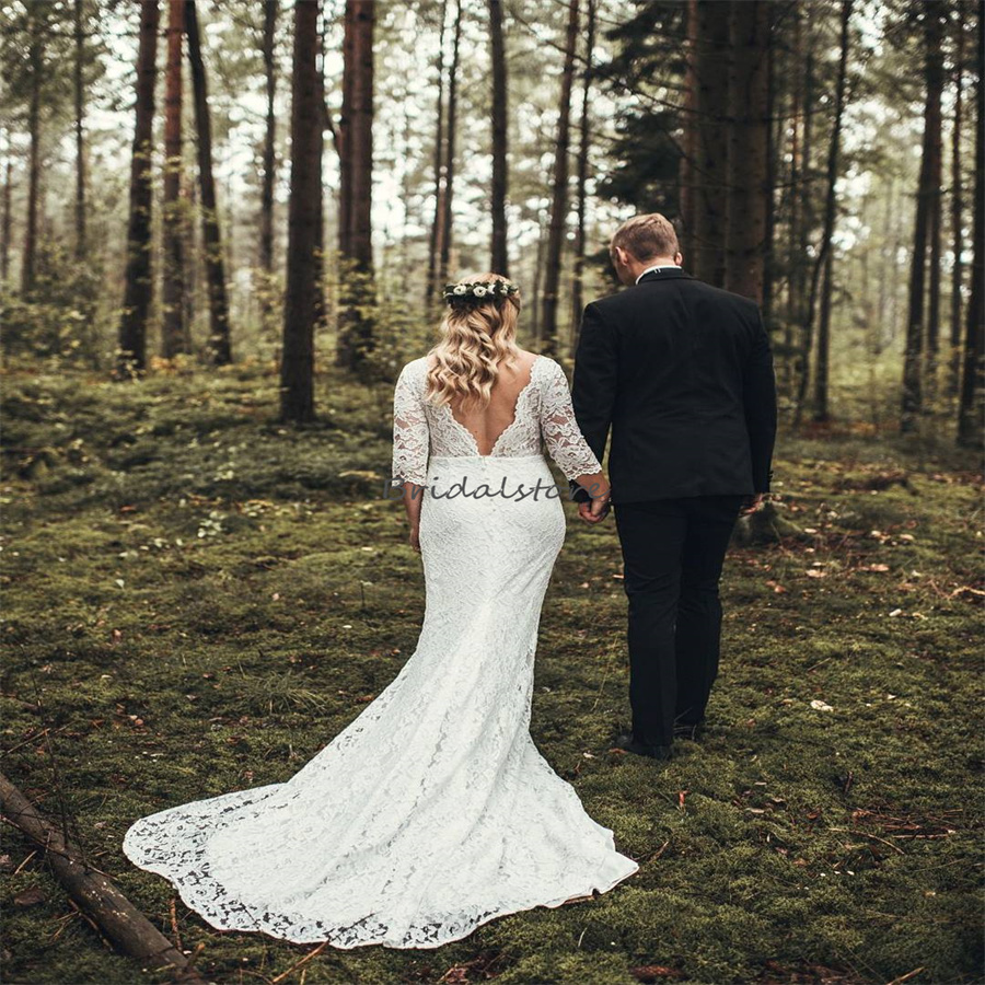 New Lace Mermaid Wedding Dress 2023 Elegant Boho Backless Romantic Custom Size Civil Bride Dresses Plus Size Sweep Train Bridal Vestido De Novia Bride