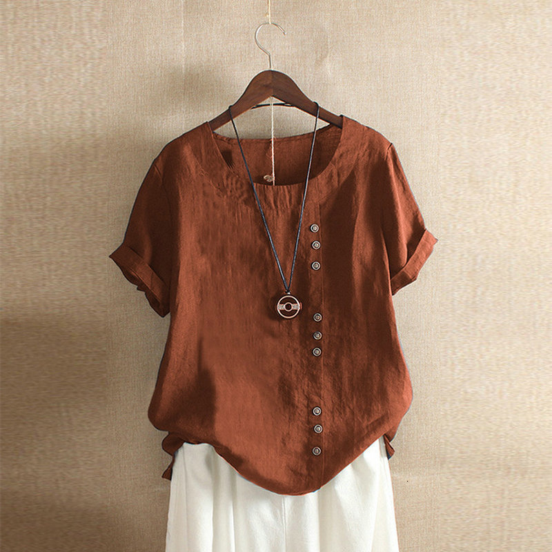 Women's Blouses Shirts Gothic Woman Clothing Summer Office Lady Big Size Tunic Cotton Linen Baggy Blouse Casual Short Sleeve Print Shirt Blouse 2