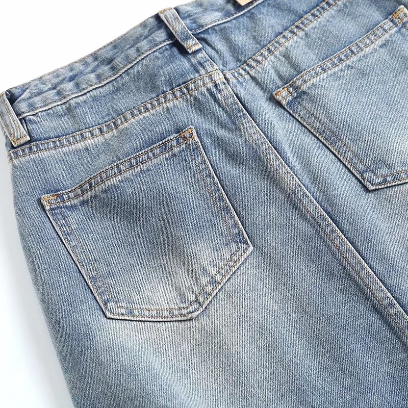 Skirts Dave Di England Style High Street Retro Washed Blue High Waist A-line Denim Skirt Women Forking Midi Skirt 230506