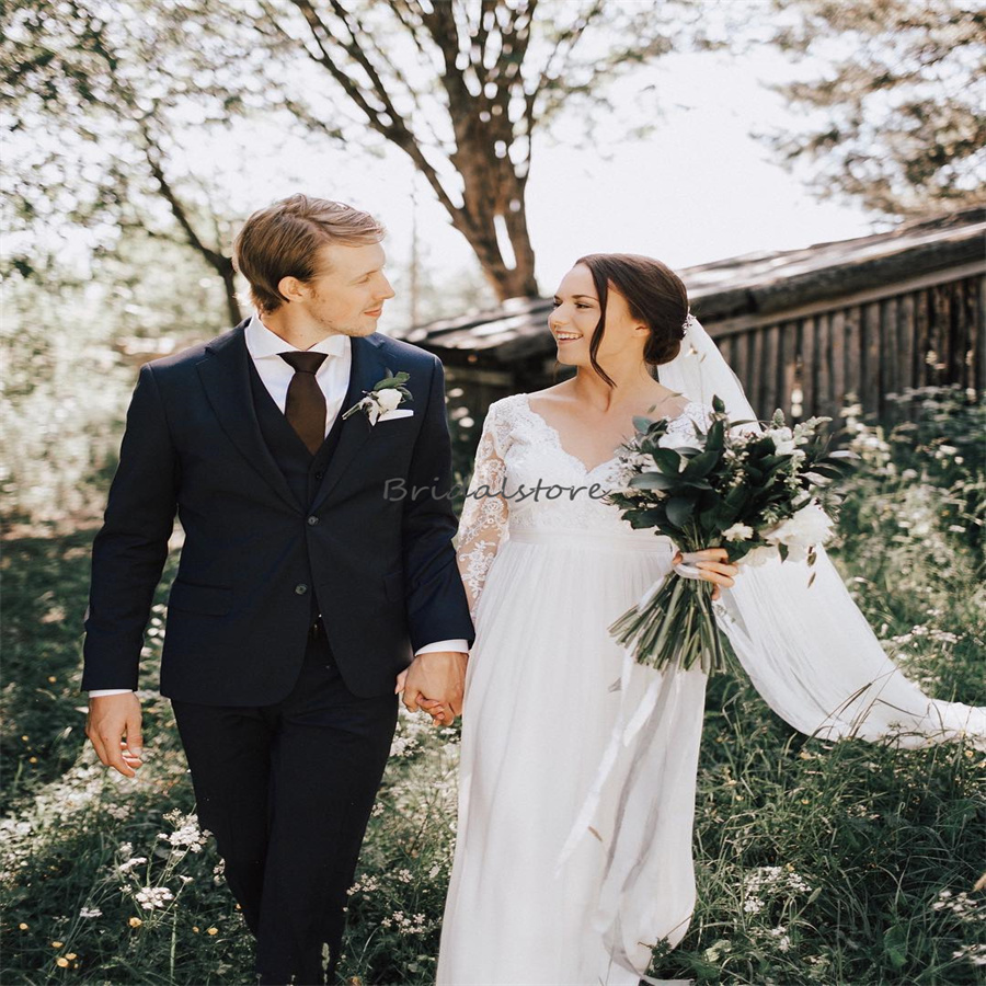 Simple Boho Korean Wedding Dress 2023 Sexy V Neck Long Sleeve Chiffon Bridal Gown Civil Japaese Modest Beach Ivory Country Bride Dresses Outdoor vesti