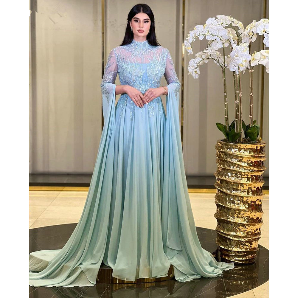 Dubai High Neck Sequined Beading Evening Dresses with long sleeve cape 2023 Saudi Arabic prom occasion reception gown Ramadan