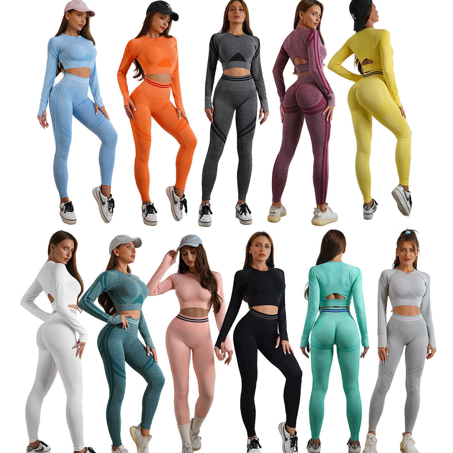 Womens Tracksuits Seamless Gym Clothes Women Fitness Leggings Sport Long Sleeve Yoga Set Running Workout Sportswear High Waist Legging Outfit Wear P23
