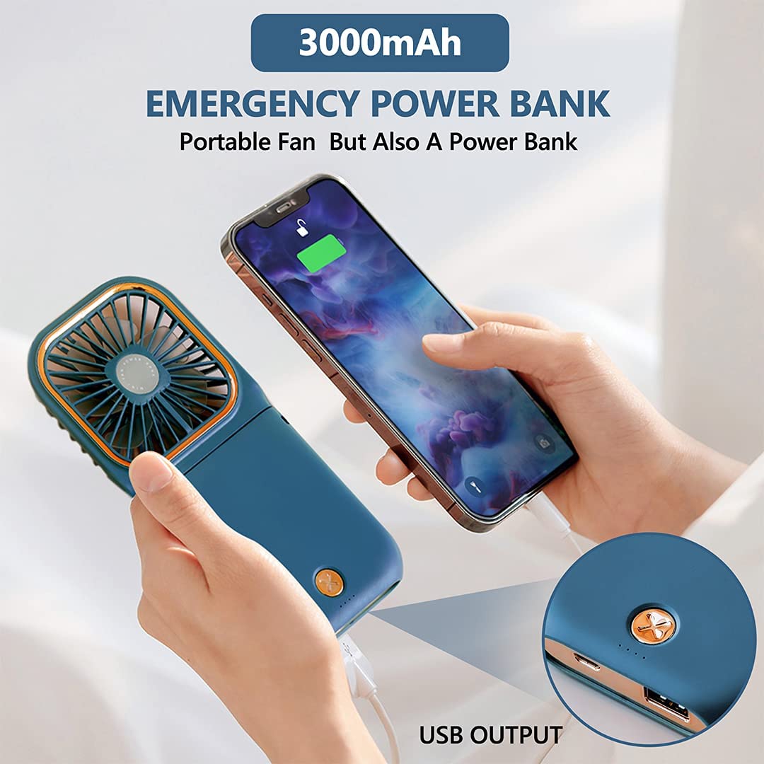 Mini Portable USB Foldable Personal Power Bank 3000mAh Battery Handheld Desk Fan with 4 Speeds Adjustment for Womens Girls Kids Travel Outdoor