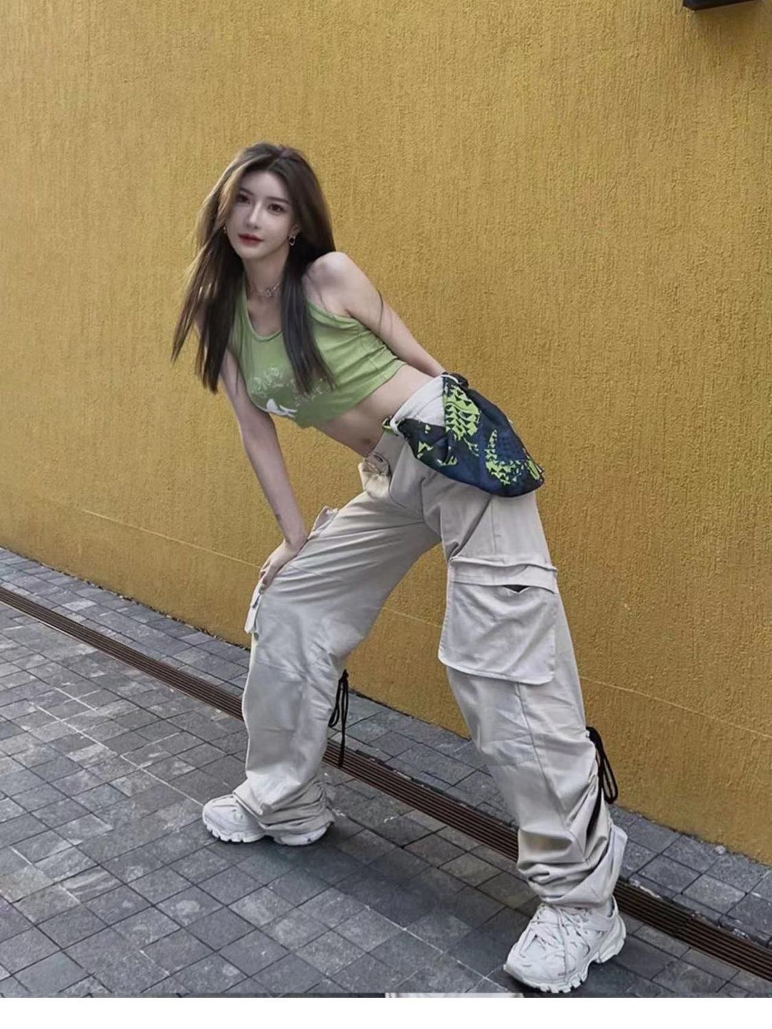 Women's Pants s High Waist Oversize Vintage Traf 2023 Woman Wide Leg Trousers Spring Strap Y2k Clothes Streetwear Cargo Clothing 230506
