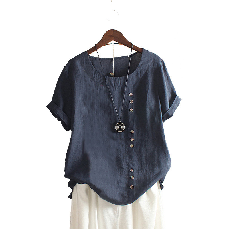 Women's Blouses Shirts Gothic Woman Clothing Summer Office Lady Big Size Tunic Cotton Linen Baggy Blouse Casual Short Sleeve Print Shirt Blouse 2