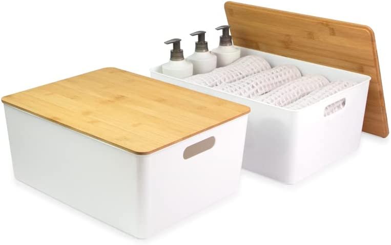 Jacobs 2-Pack XL White Storage Bin Set w Cut-Out Handles and Bamboo Lid, Plastic Organizers for Home, Pantry, Kitchen, Closet, BPA Free, Fo 
Jacobs 2-Pack XL White Storage Bin Set w Cut-Out Handles and Bamboo Lid, Plastic Organizers for Home, Pantry, Kitchen, Closet, BPA Free, Fo