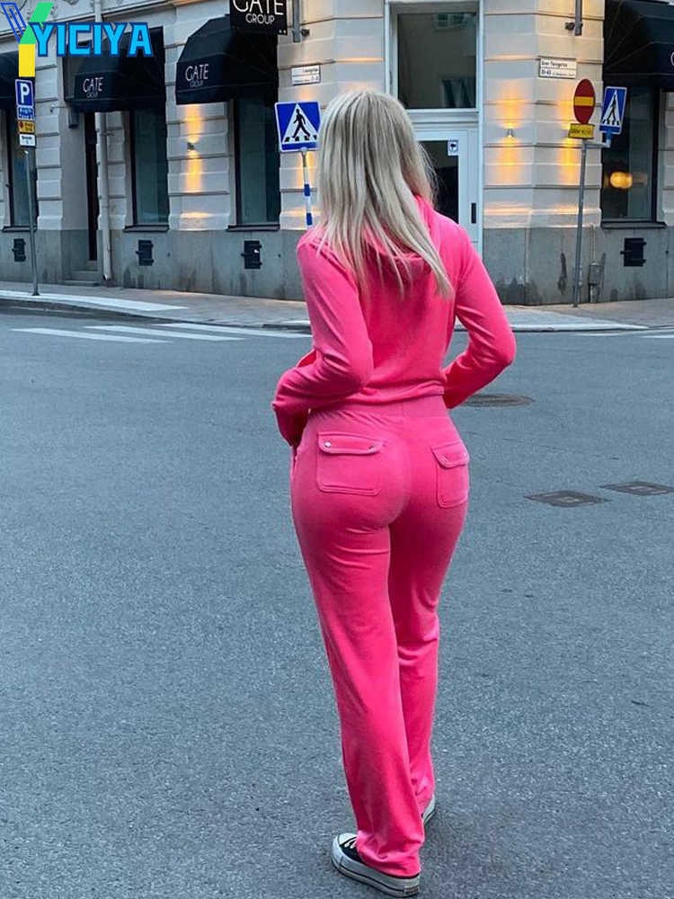Women's Tracksuits YICIYA two piece sets Velvet Tracksuit Sewing Suit Y2k Pants And Zipper Hood Sweatshirt Women Large Size Female Velour Trouser