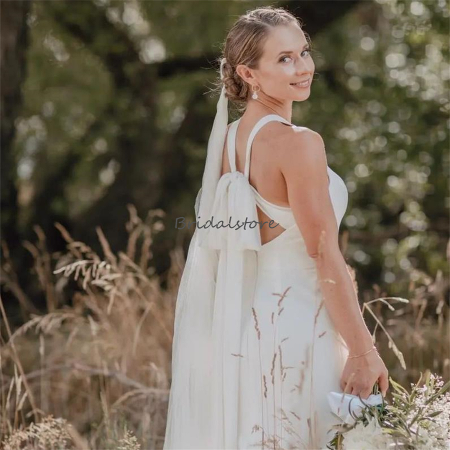 Simple Ivory Boho Wedding Dress Mermaid Halter Backless Soft Satin Korean Beach Bridal Gown Sleeveless Greek Bohemain Bride 2023 Vestido De Novia Brid