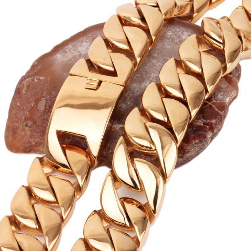 Unisex Mens 31mm Large Heavy Polished Stainless Steel Plated 18k Gold Thick Chunky Cuban Curb Chain Link Necklace 14K Gold CZ Stone Hip Hop