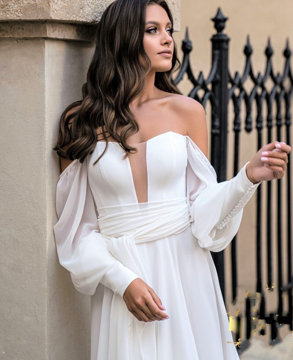 Chiffon A-line Wedding Dress Off Shoulder Beach Long Puff Sleeves V-neck Slit Bridal Gowns Sexy Vestidos De Novia Custom Made