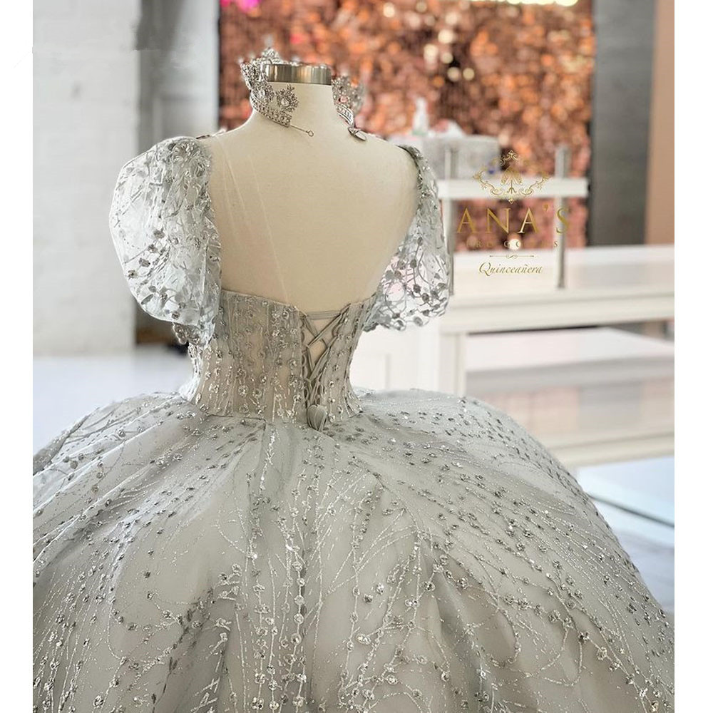 Princess Silver Gillter Quinceanera Dresses Beaded Pearl Crystal Applique lace-up corset Prom Sweet 16 Dress Vestidos De 15 anos