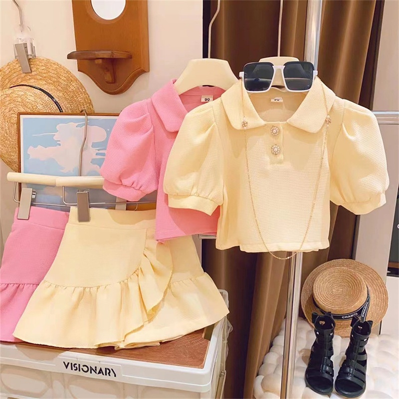 Clothing Sets Girls' clothing set Summer lapel shirtshort sleeved top Children's casual clothing set Children's girls' clothing 2P