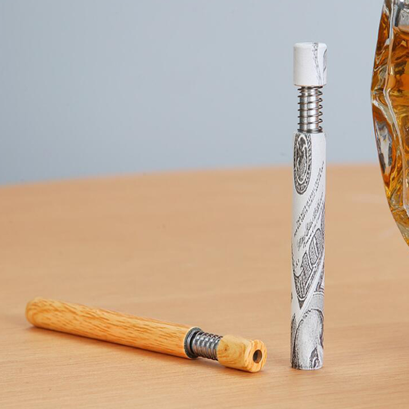 Wooden Grain Metal Pipe Press Spring Straight Pipe Household Smoking Accessories