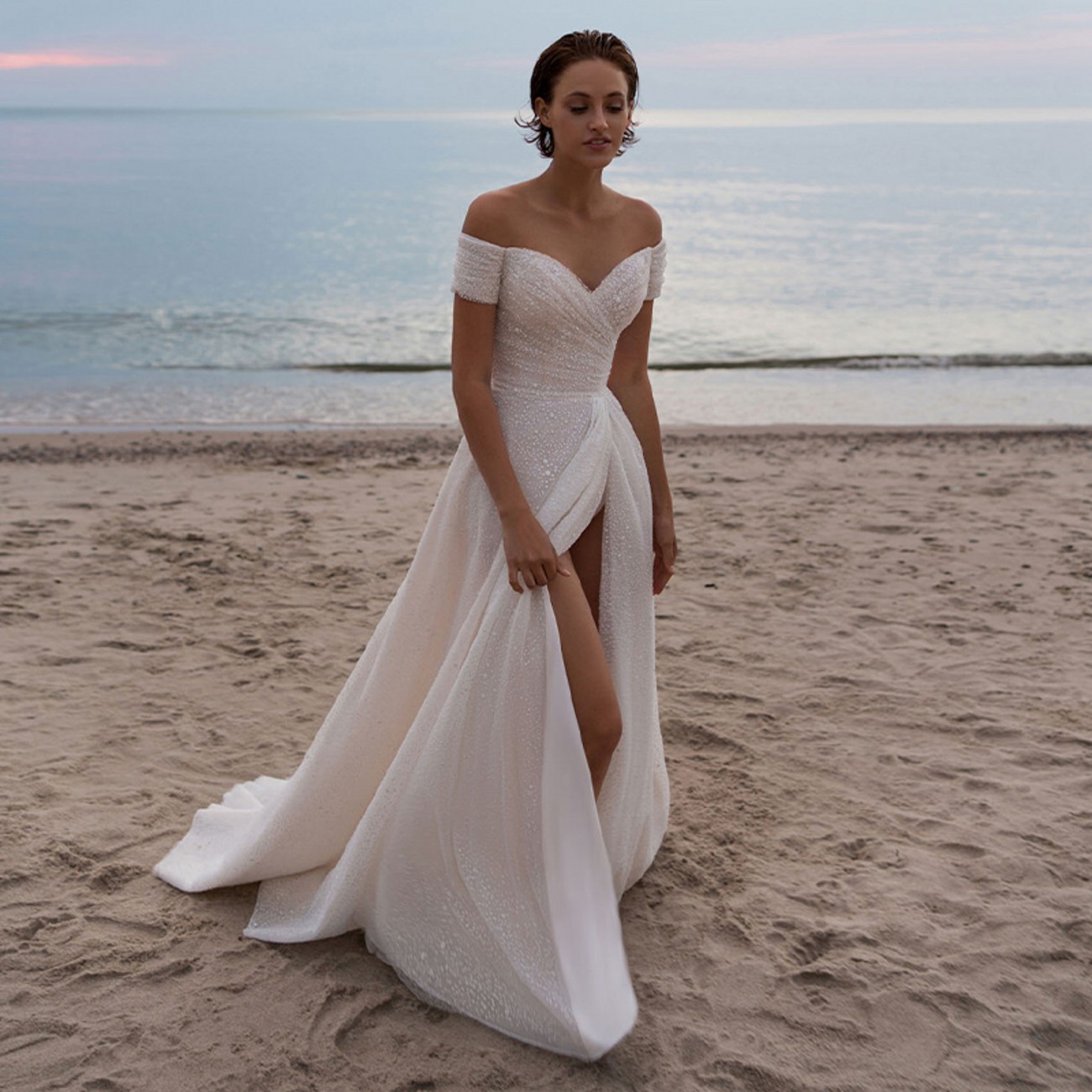 Shiny Beaded Sequins Wedding Dress Off Shoulder Silt Boho Banquet Bridal Gowns Vestidos De Novia Custom Made