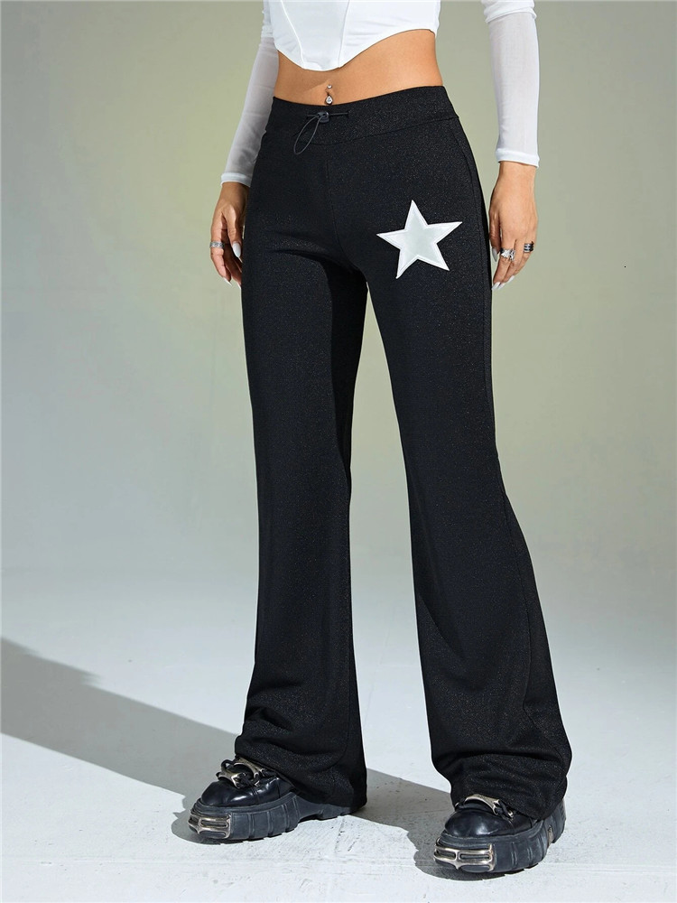 Women's Pants s Goth High Street Style Y2K Star Print Flare Leg Pant Spring Autumn Black Geometric Low Wlastic Waist Trousers Streetwear 230506