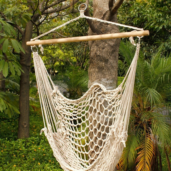 Hammock Cotton Swing Camping Hanging Rope Chair Wooden Beige White Outdoor Patio Cannot Ship To POBOX