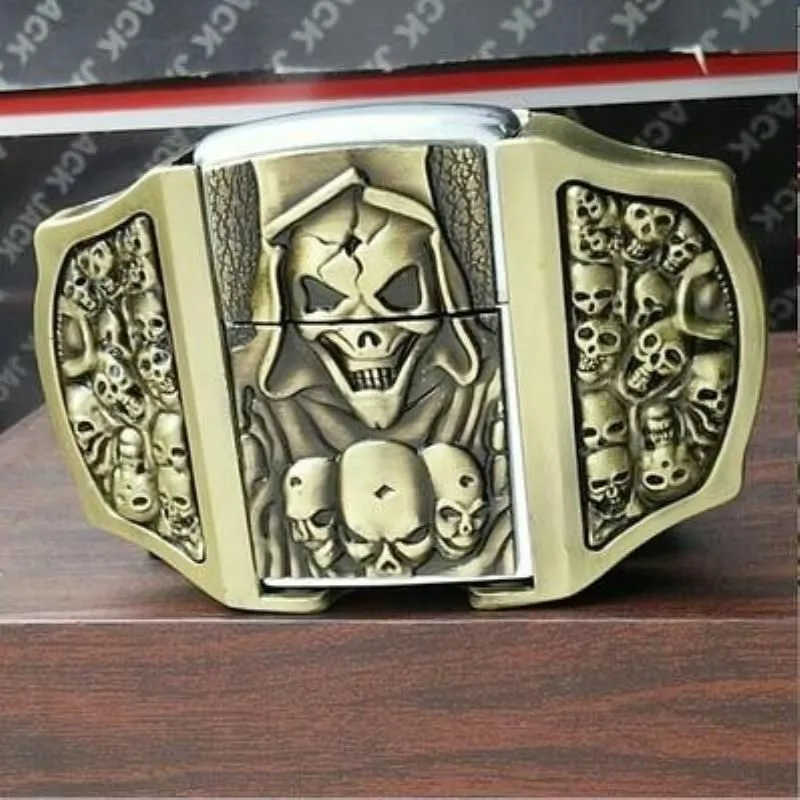 Men's Belt with lighter Golden skull lighter belt buckle metal lighters Kerosene lighter belt for men gift J0121