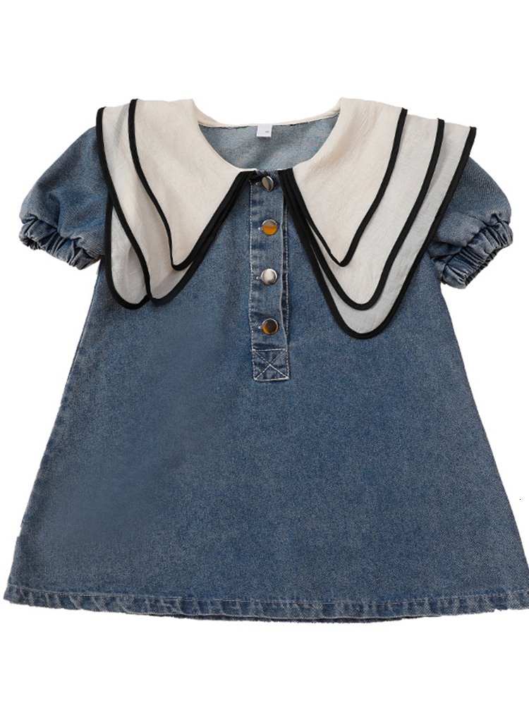 Family Matching Outfits Parent-child Doll Collar Denim Skirt Korean Version Mother and Daughter Cotton Long Skirt Summer Girls Clothes Trend 230506