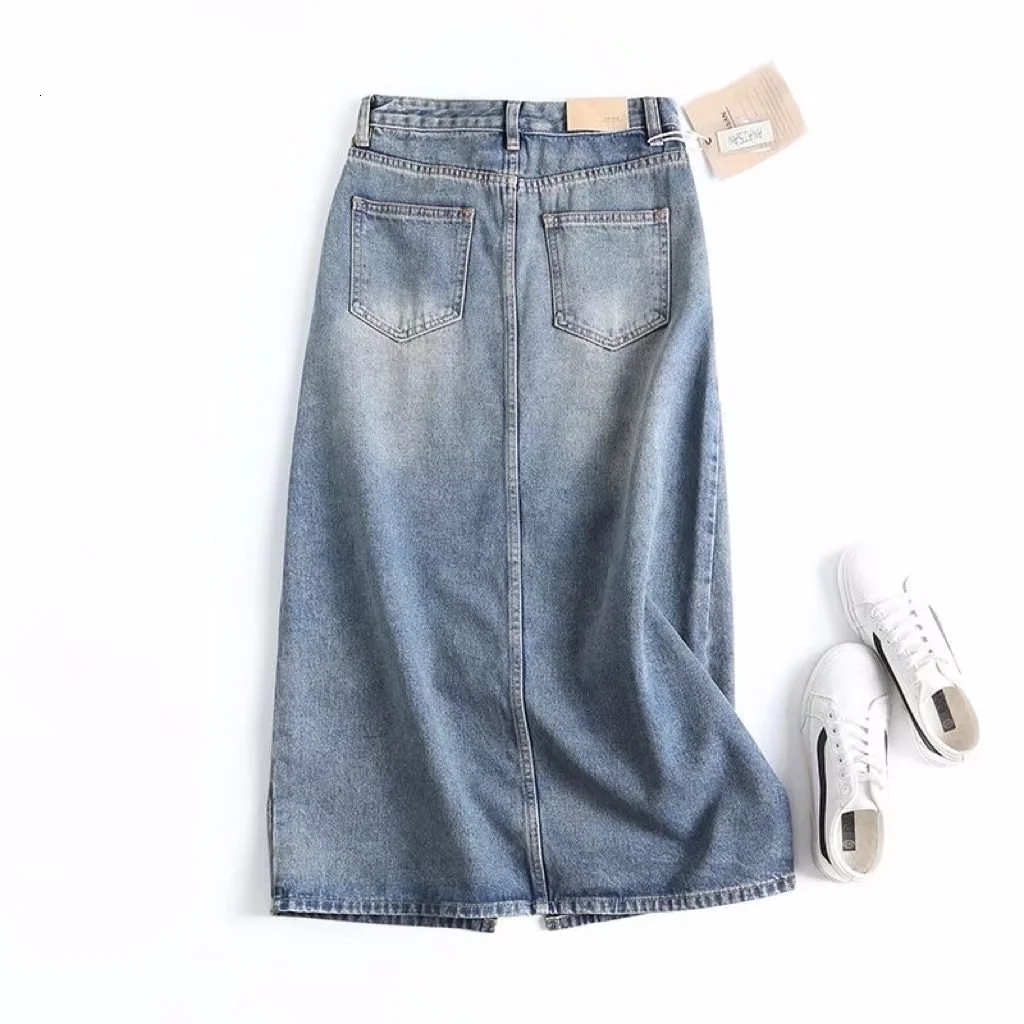 Skirts Dave Di England Style High Street Retro Washed Blue High Waist A-line Denim Skirt Women Forking Midi Skirt 230506