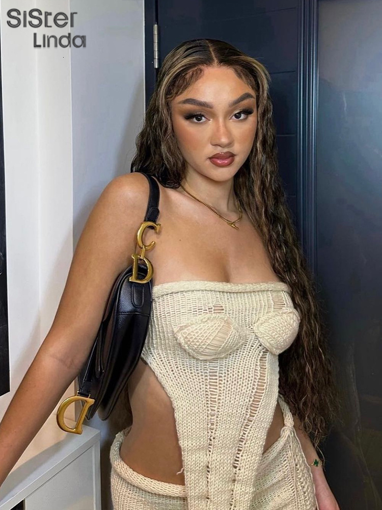 Two Piece Dress Sisterlinda Sexy Blackless 2 Set Women Sleeveless Irregular Tube TopsTassel Skirts Female Matching Party Clubwear Outfits 230505