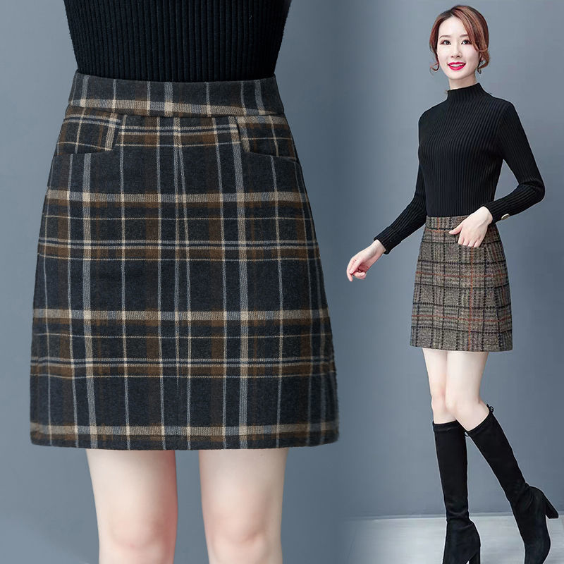 Skirts Tartan Skirt Short Skirt Autumn and Winter Large Woolen a Word Female Woman Skirts Mujer Faldas Saias Mulher 230506